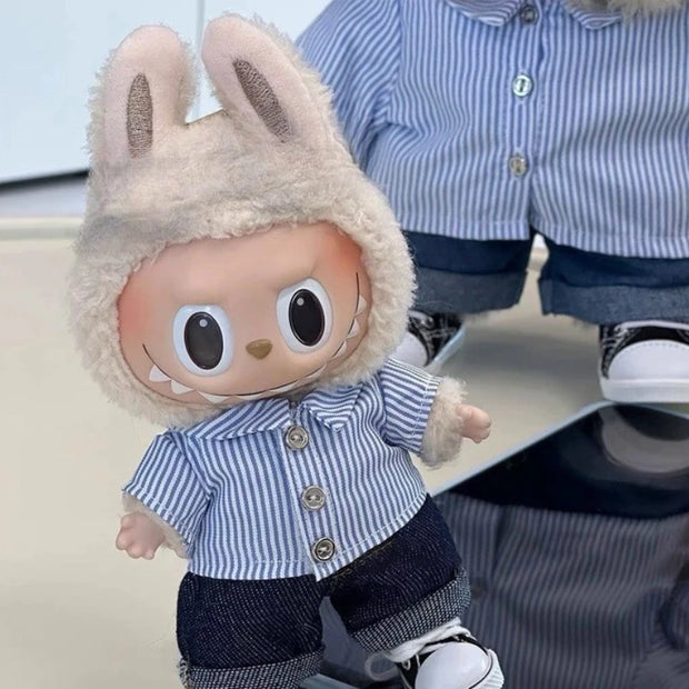 Striped Shirt and Curled Jeans Set for 15/17cm Labubu Doll Accessories