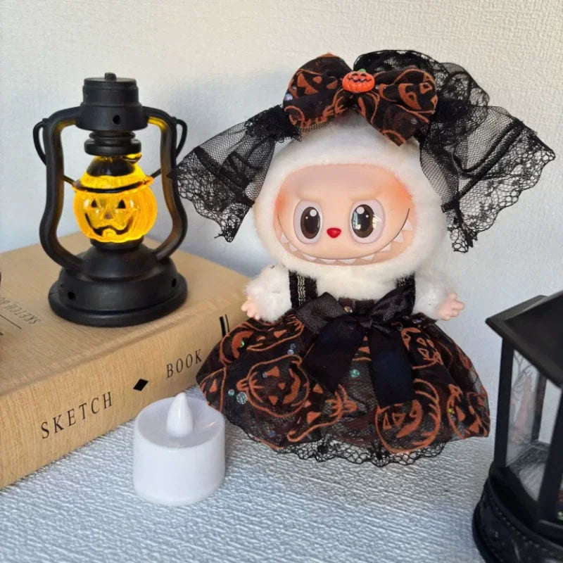 Halloween Pumpkin Clothes for Labubu - Overall Dresses for 15/17cm Dolls