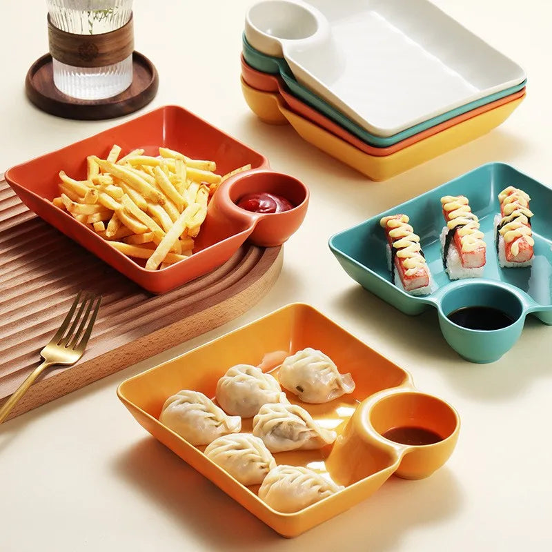Square Dumpling Plate - Creative Snack Platter with Vinegar Space
