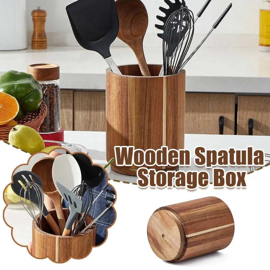 Kitchen Counter Cutlery Box - Wooden Circular Storage for Cooking Tools