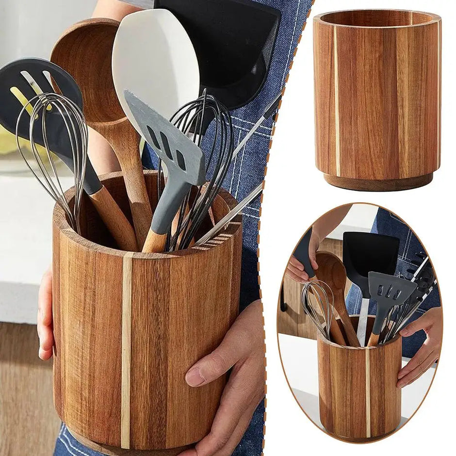 Kitchen Counter Cutlery Box - Wooden Circular Storage for Cooking Tools