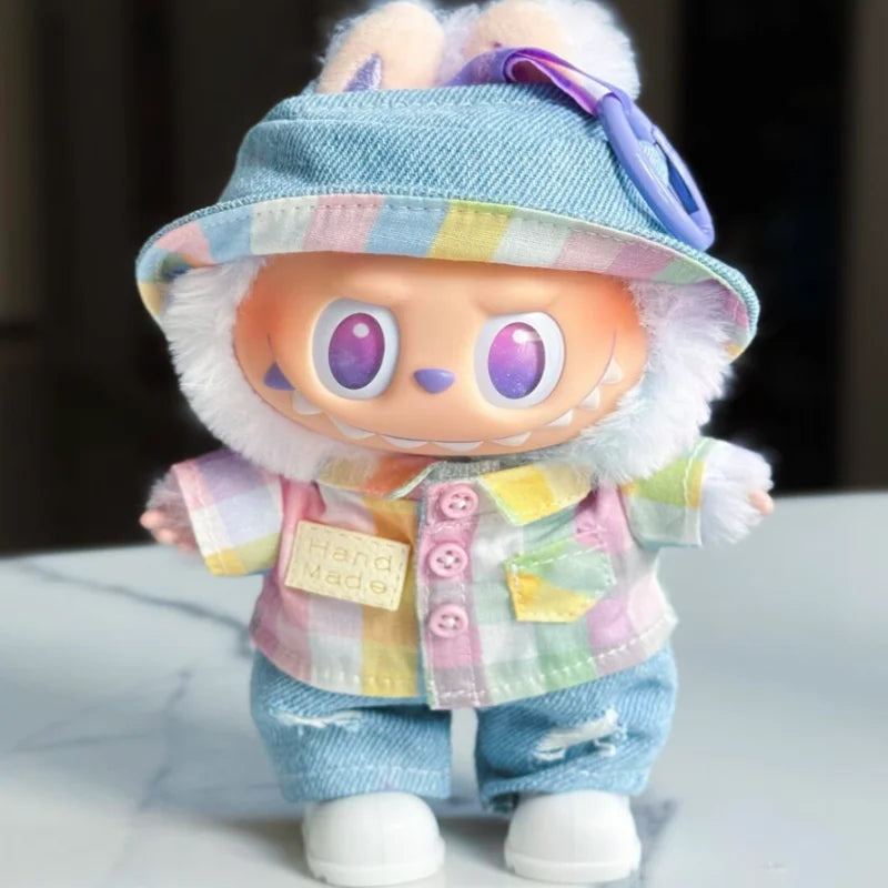 Ropa Labubu 3.0 Baby Doll Outfit - Rainbow Plaid Shirt and Macaron Clothes