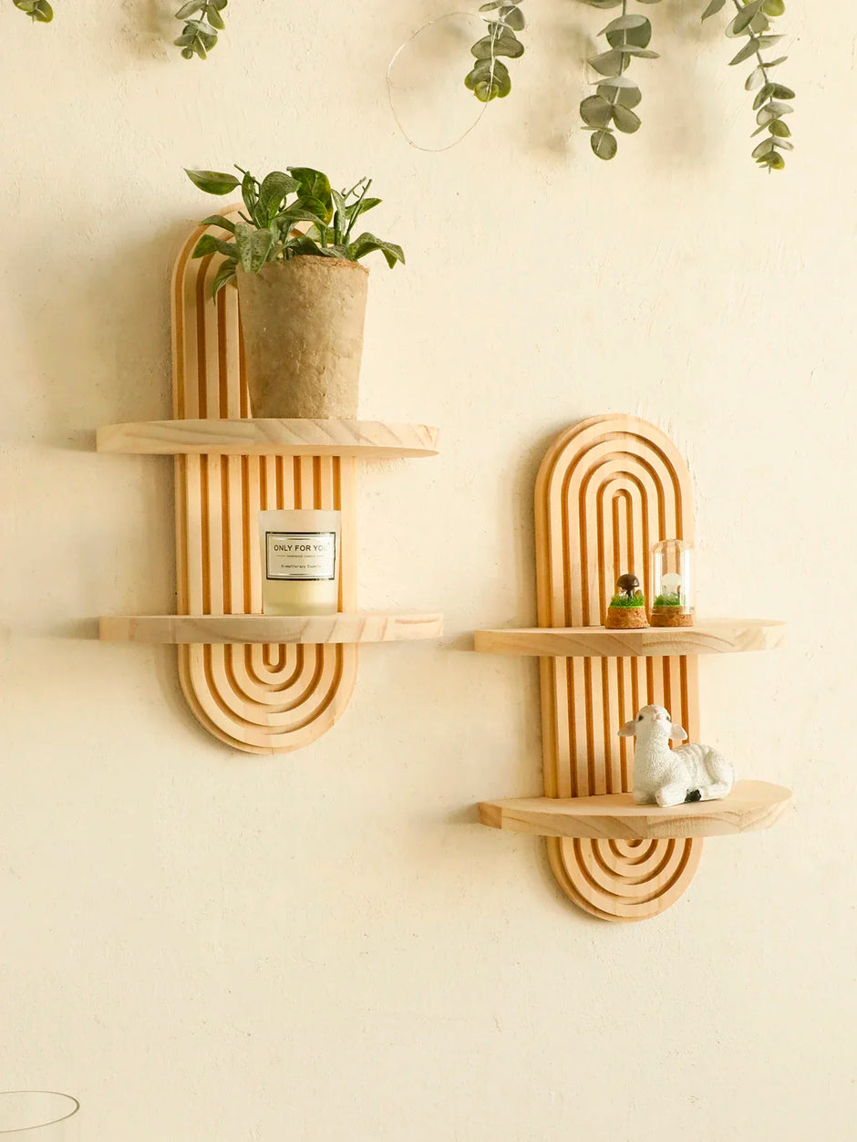 Wooden Wall Mounted Storage Rack Boho Style Display Shelves Modern Home Decor for Living Room, Bathroom Decoration