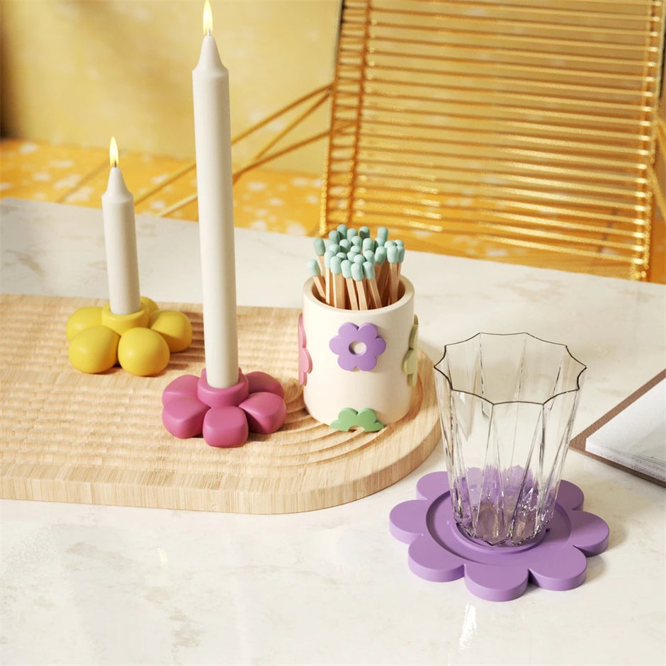 Flower Shape Candlestick - Handmade Coaster with Non-Slip Mat for Home Decor
