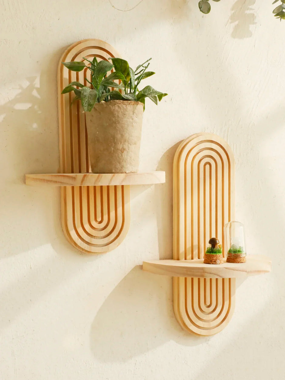 Wooden Wall Mounted Storage Rack Boho Style Display Shelves Modern Home Decor for Living Room, Bathroom Decoration
