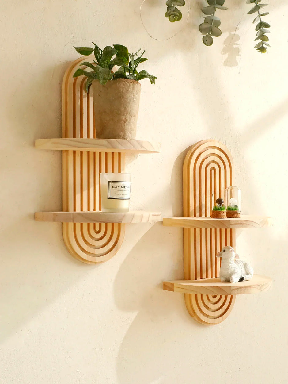 Wooden Wall Mounted Storage Rack Boho Style Display Shelves Modern Home Decor for Living Room, Bathroom Decoration
