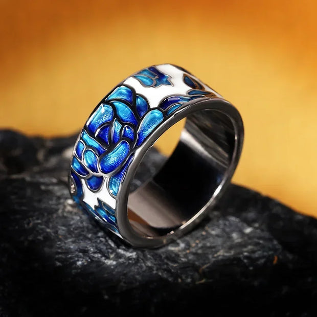 Classic Epoxy Enamel Blue Flower Ring Silver Jewelry