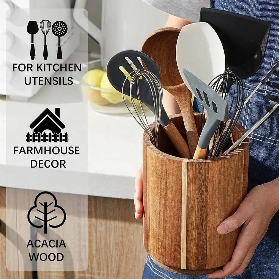 Kitchen Counter Cutlery Box - Wooden Circular Storage for Cooking Tools
