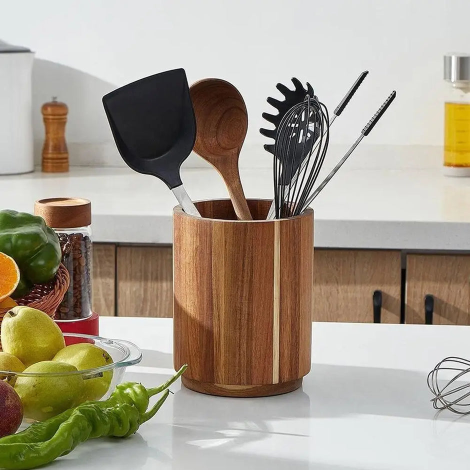 Kitchen Counter Cutlery Box - Wooden Circular Storage for Cooking Tools