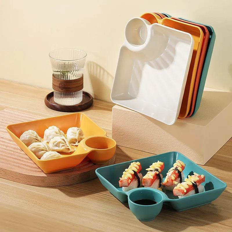 Square Dumpling Plate - Creative Snack Platter with Vinegar Space