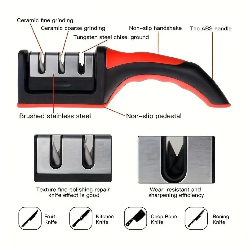 Kitchen 3 Segment Knife Sharpener Household Multi-Functional Hand-Held 3 Purpose Black Sharpening Stone Kitchen Knives Gadget