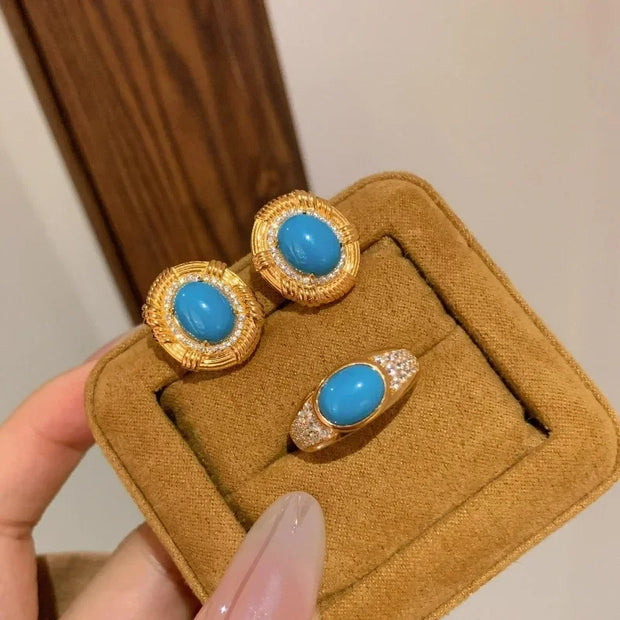 Vintage antique gold full circle diamond turquoise ring earrings luxury