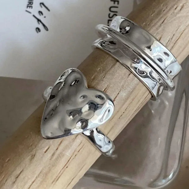 Sterling Silver Open Finger Ring Heart Irregular Geometric
