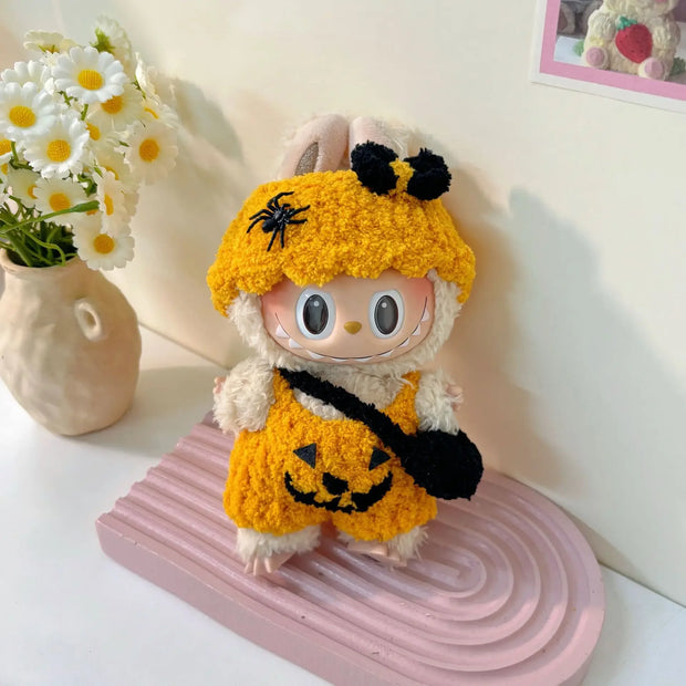 Handmade Halloween Pumpkin Clothes for Labubu - Overall Dresses with Hat 15/17cm