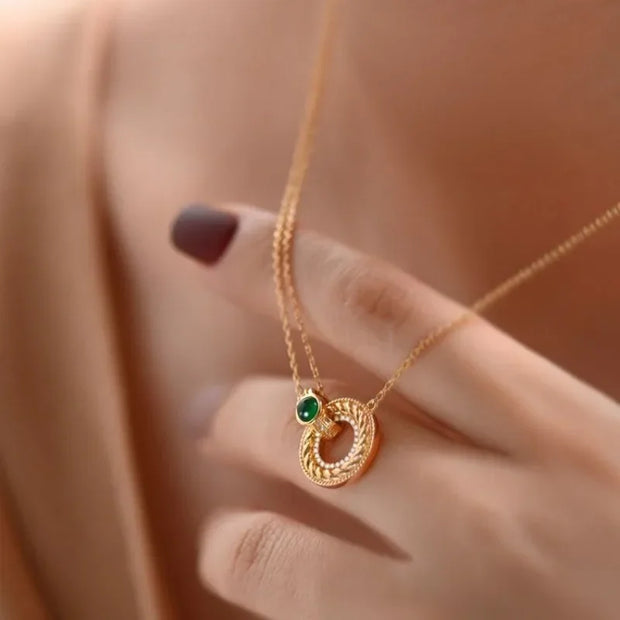 Court style Ancient gold crafts natural green chalcedony light luxury vintage necklace