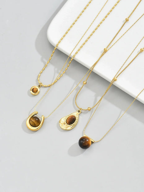 Titanium steel round U-shaped oval spherical Tiger Eye Stone necklace