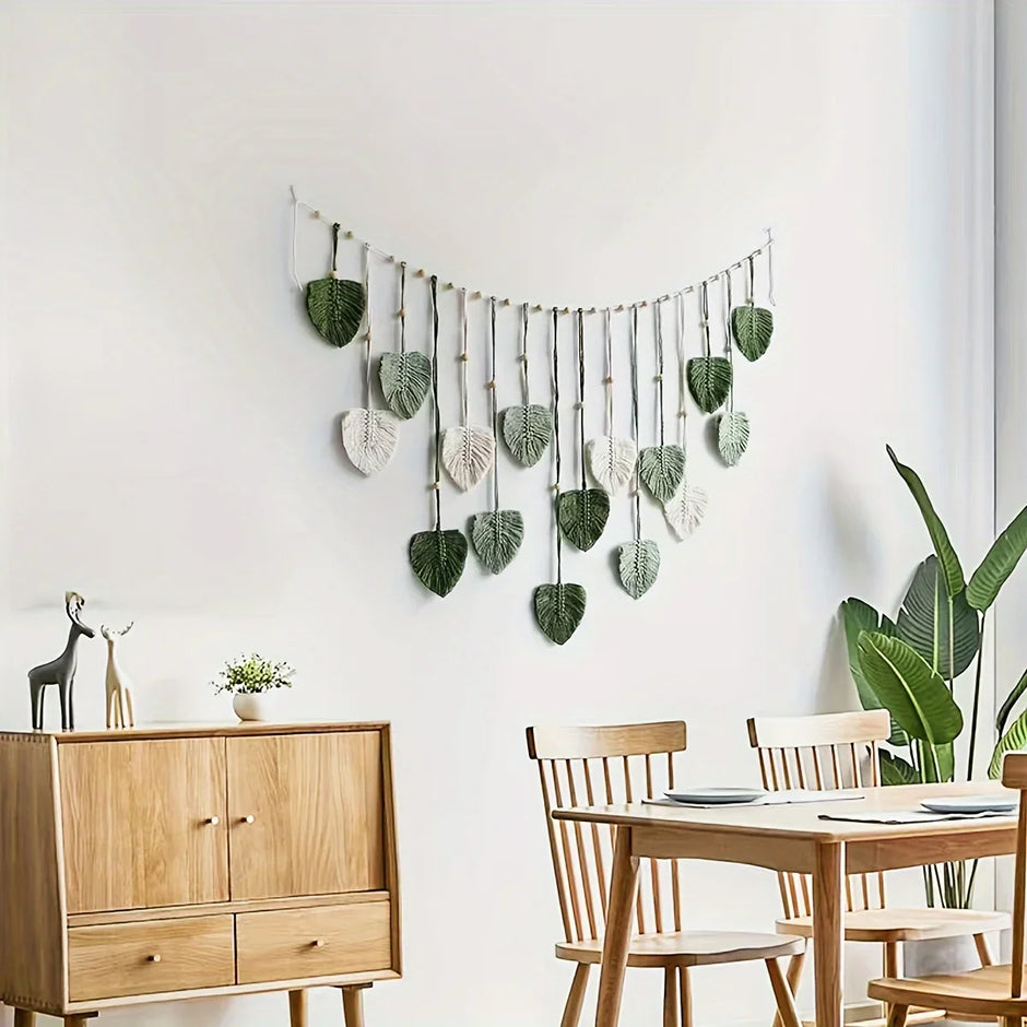 Modern Woven Wall Decor, Beautiful Room Decor, Green Leaves Hanging on The Walls, Bohemian Style, Feather, Ramadan Easter Gift