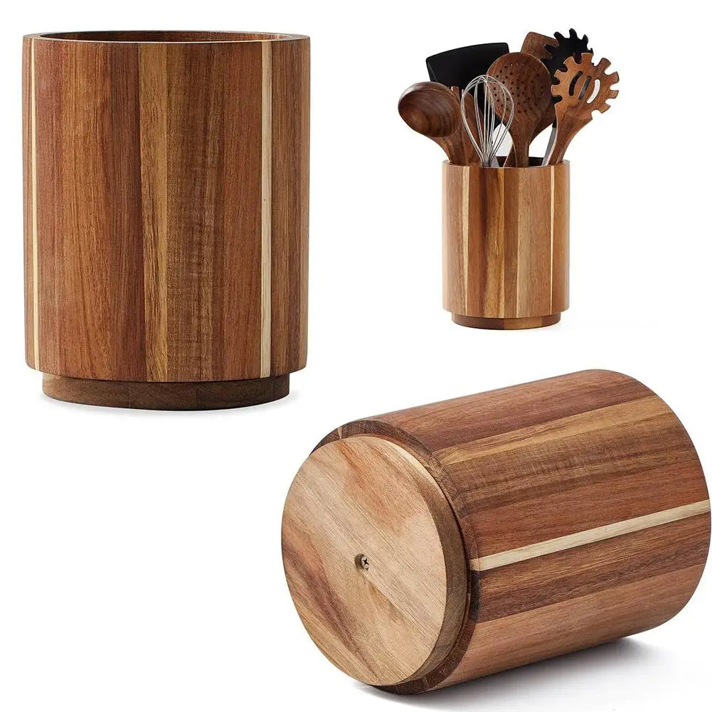Kitchen Counter Cutlery Box - Wooden Circular Storage for Cooking Tools