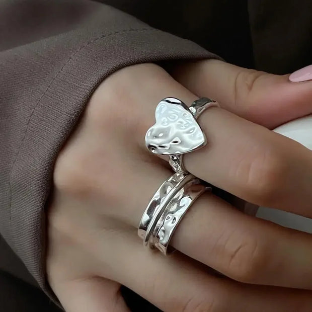 Sterling Silver Open Finger Ring Heart Irregular Geometric