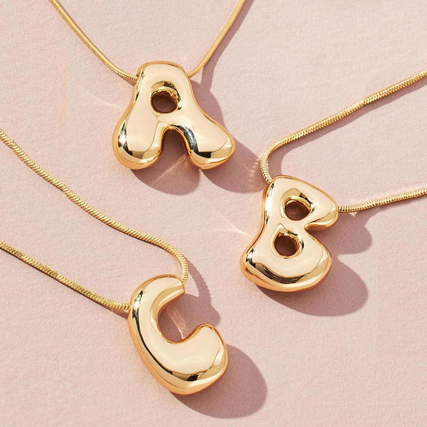 Golden Colour Stainless Steel Initial Necklace Chunky Bubble Letter