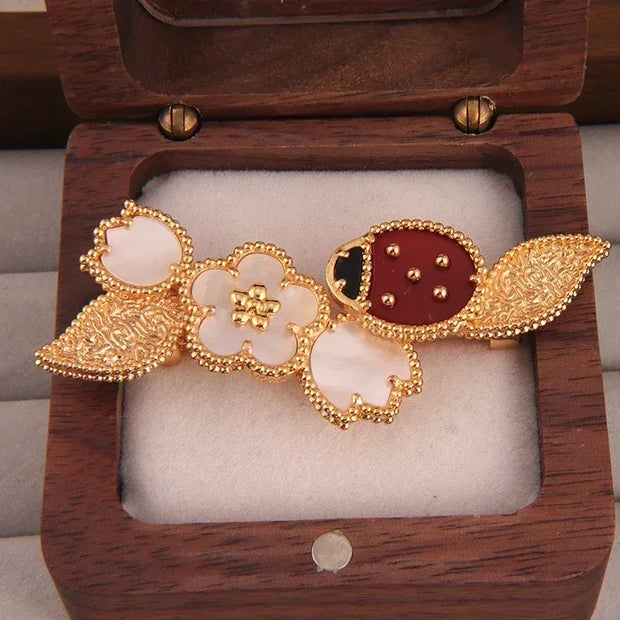 Lucky Spring Ladybug Luxury Brand Sweet Necklace Ring Earring Bracelet set Nature Shell Flowers Gift