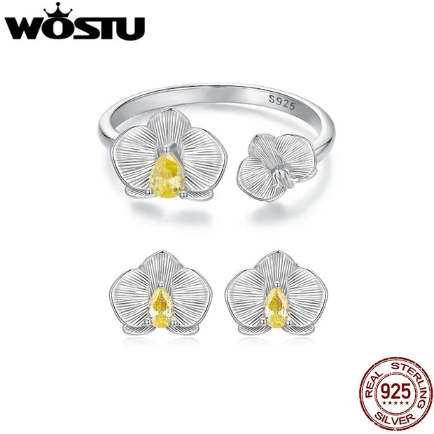 Silver Yellow Zircon  Flower Open Ring Citrine Stud Earrings Wedding Jewelry Set Gift