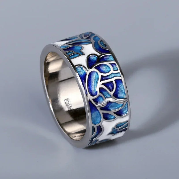 Classic Epoxy Enamel Blue Flower Ring Silver Jewelry