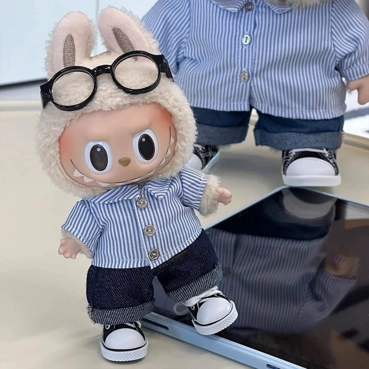 Striped Shirt and Curled Jeans Set for 15/17cm Labubu Doll Accessories