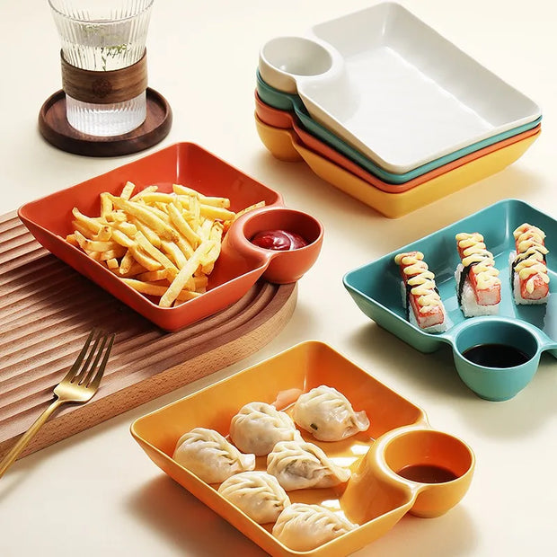 Square Dumpling Plate - Creative Snack Platter with Vinegar Space