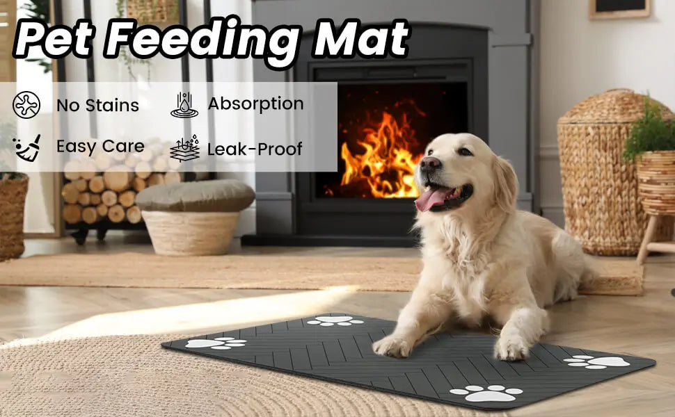 Pet Feeding Mat - Absorbent for Food and Water Bowl with Waterproof Rubber