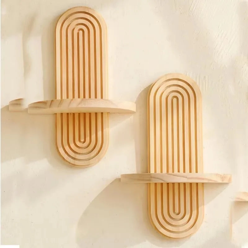 Wooden Wall Mounted Storage Rack Boho Style Display Shelves Modern Home Decor for Living Room, Bathroom Decoration