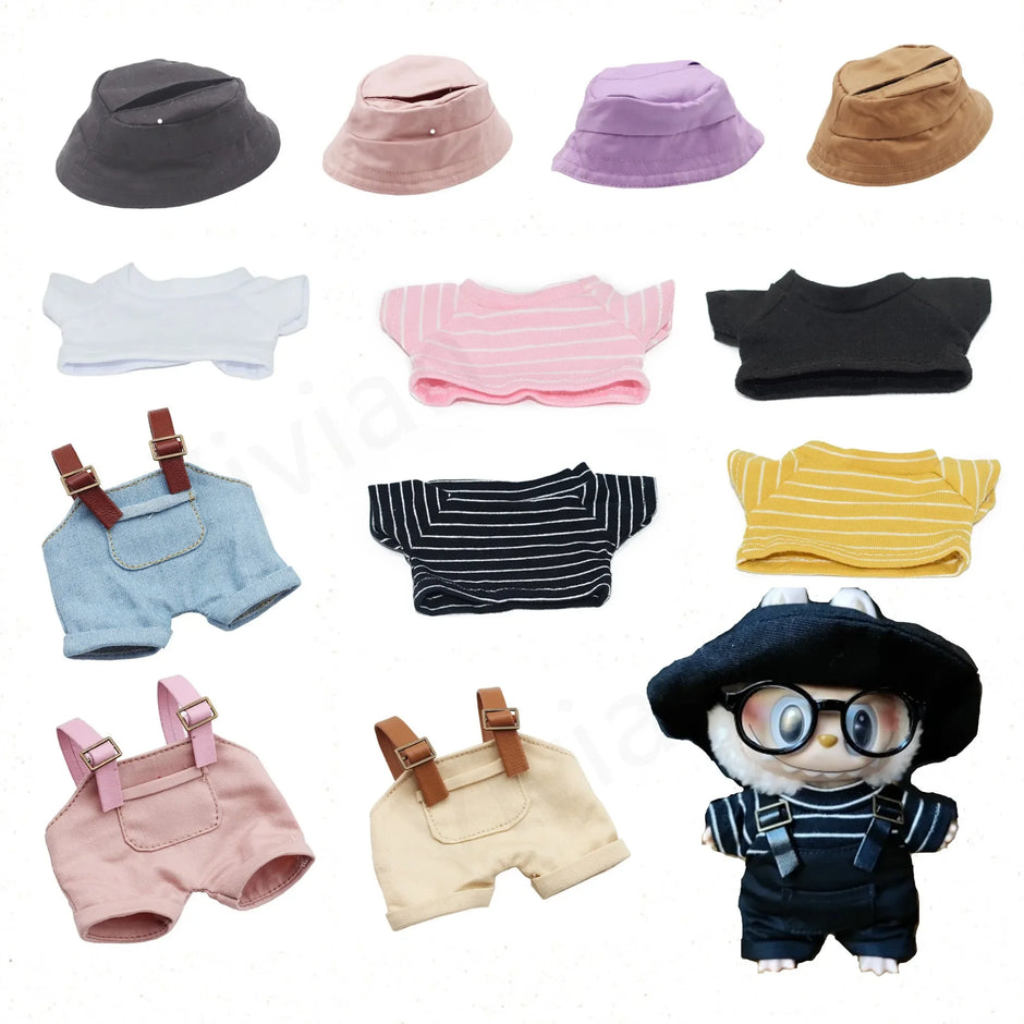 Mini Plush Doll Clothes for Korea Exo Labubu Idol V1 V2 - Overalls, Hat, and T-Shirt Set