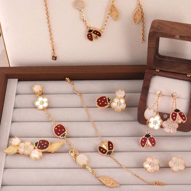 Lucky Spring Ladybug Luxury Brand Sweet Necklace Ring Earring Bracelet set Nature Shell Flowers Gift