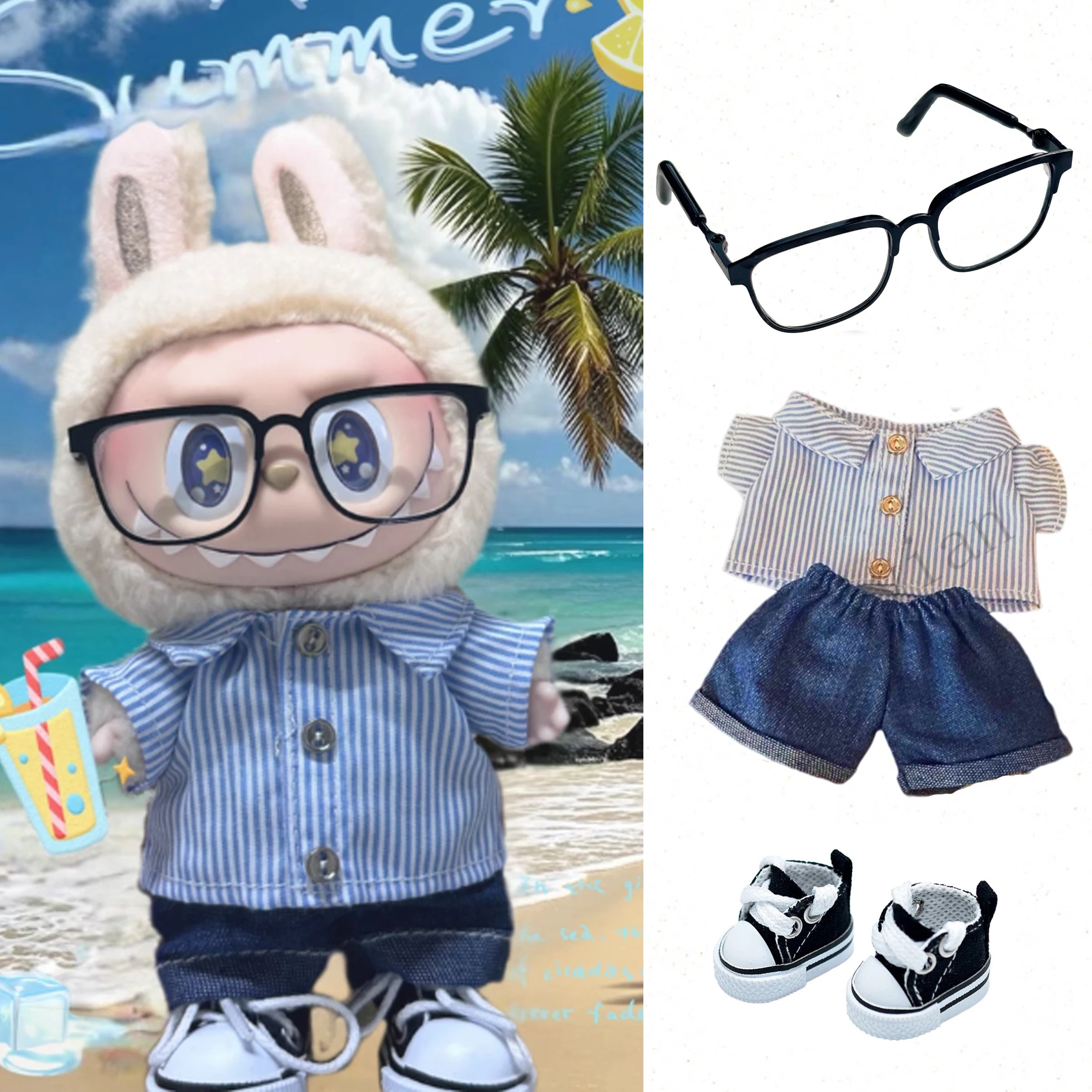 Striped Shirt and Curled Jeans Set for 15/17cm Labubu Doll Accessories