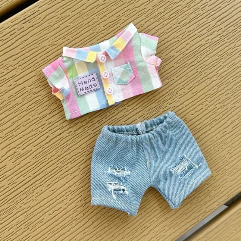 Ropa Labubu 3.0 Baby Doll Outfit - Rainbow Plaid Shirt and Macaron Clothes