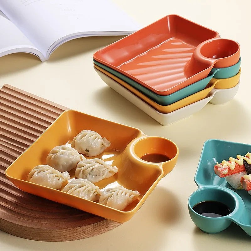 Square Dumpling Plate - Creative Snack Platter with Vinegar Space