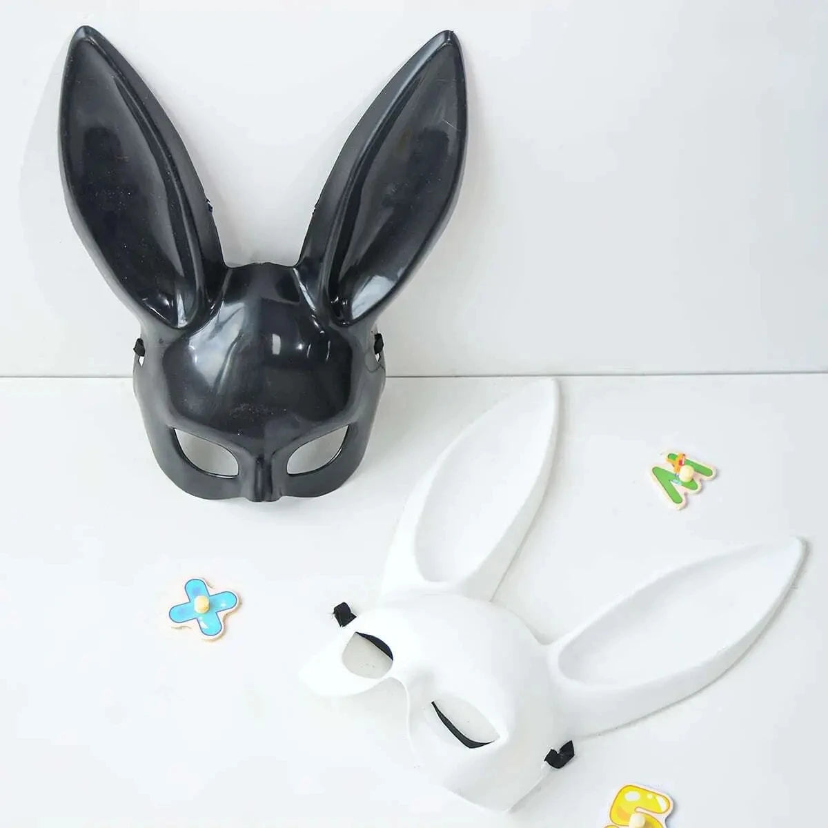 Black and White Rabbit Mask - Long Ears Bunny Mask for Halloween Decorations