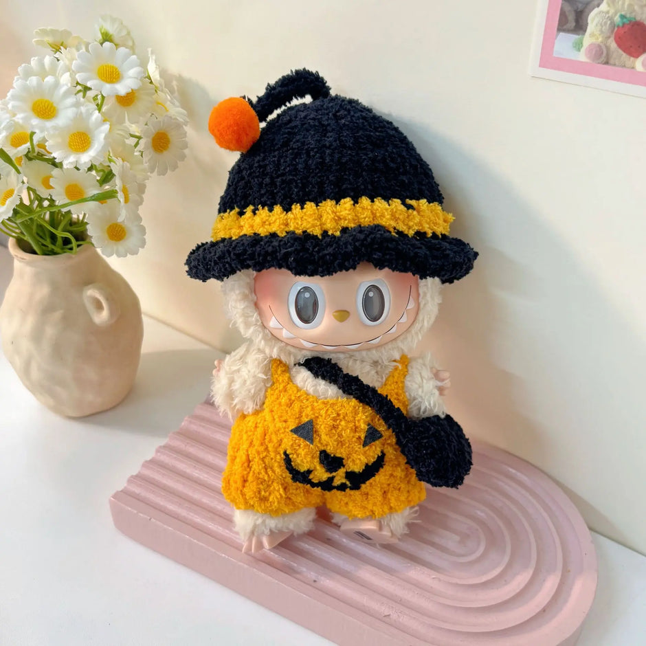 Handmade Halloween Pumpkin Clothes for Labubu - Overall Dresses with Hat 15/17cm
