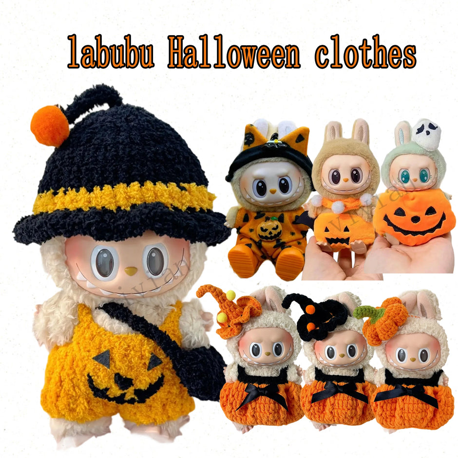 Handmade Halloween Pumpkin Clothes for Labubu - Overall Dresses with Hat 15/17cm