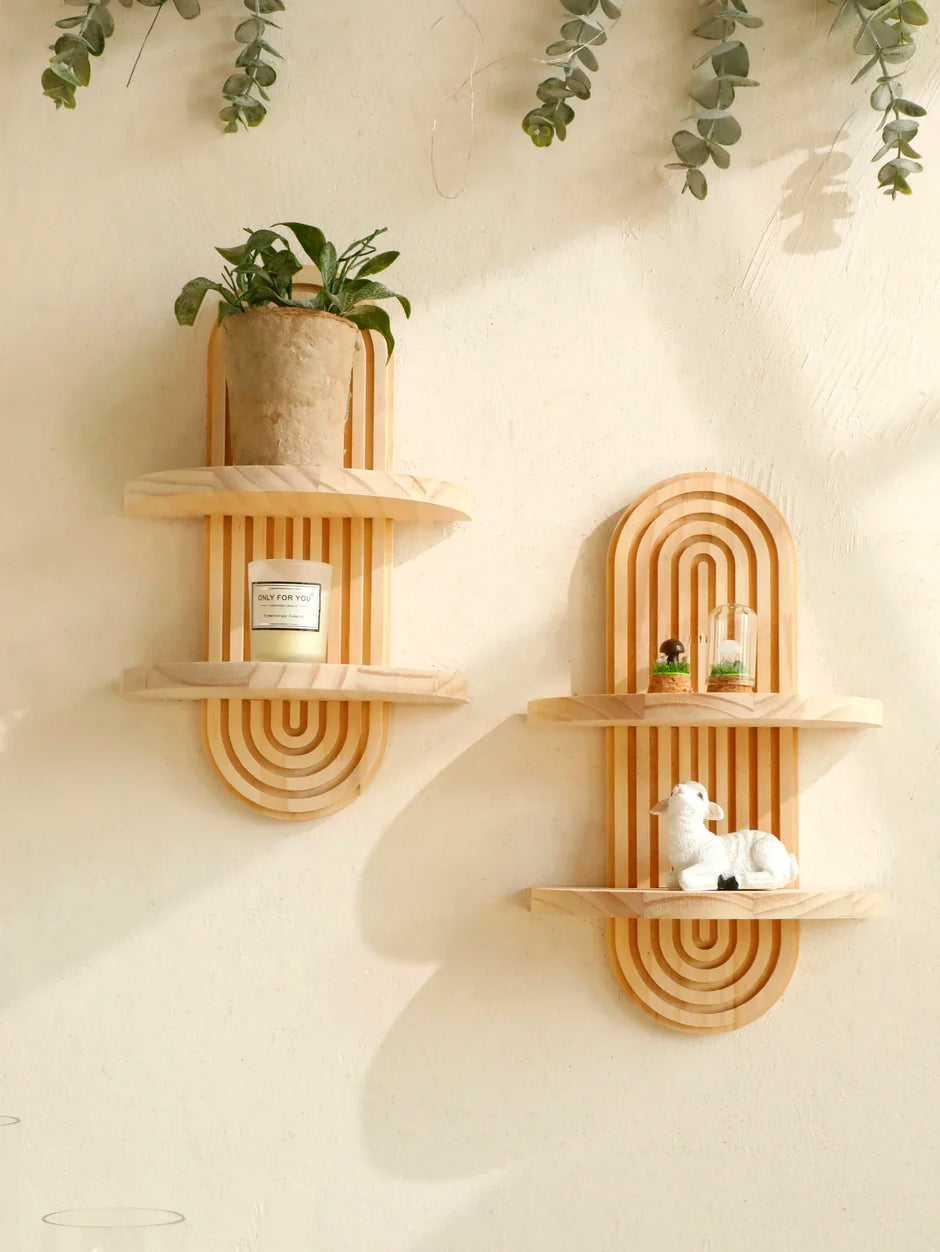 Wooden Wall Mounted Storage Rack Boho Style Display Shelves Modern Home Decor for Living Room, Bathroom Decoration