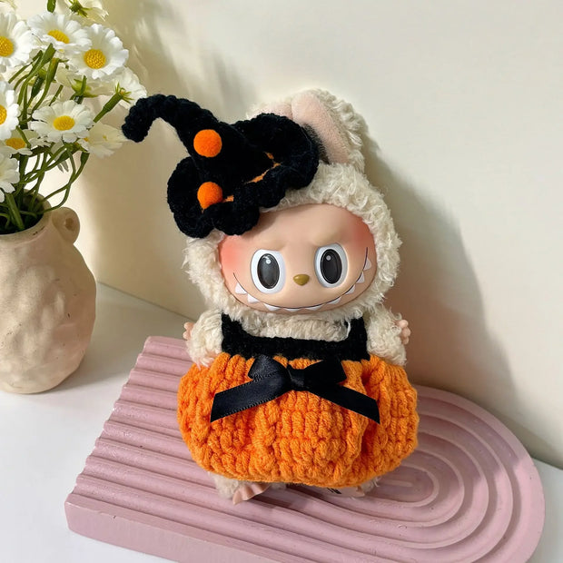 Handmade Halloween Pumpkin Clothes for Labubu - Overall Dresses with Hat 15/17cm