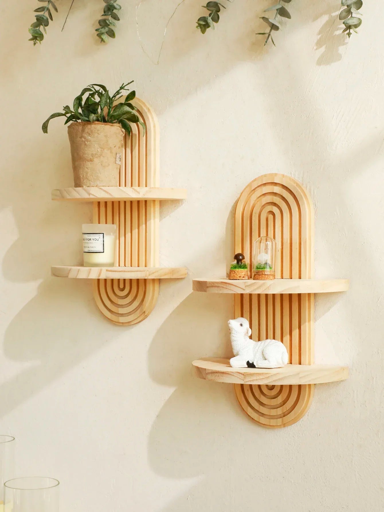 Wooden Wall Mounted Storage Rack Boho Style Display Shelves Modern Home Decor for Living Room, Bathroom Decoration