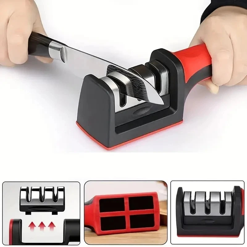 Kitchen 3 Segment Knife Sharpener Household Multi-Functional Hand-Held 3 Purpose Black Sharpening Stone Kitchen Knives Gadget
