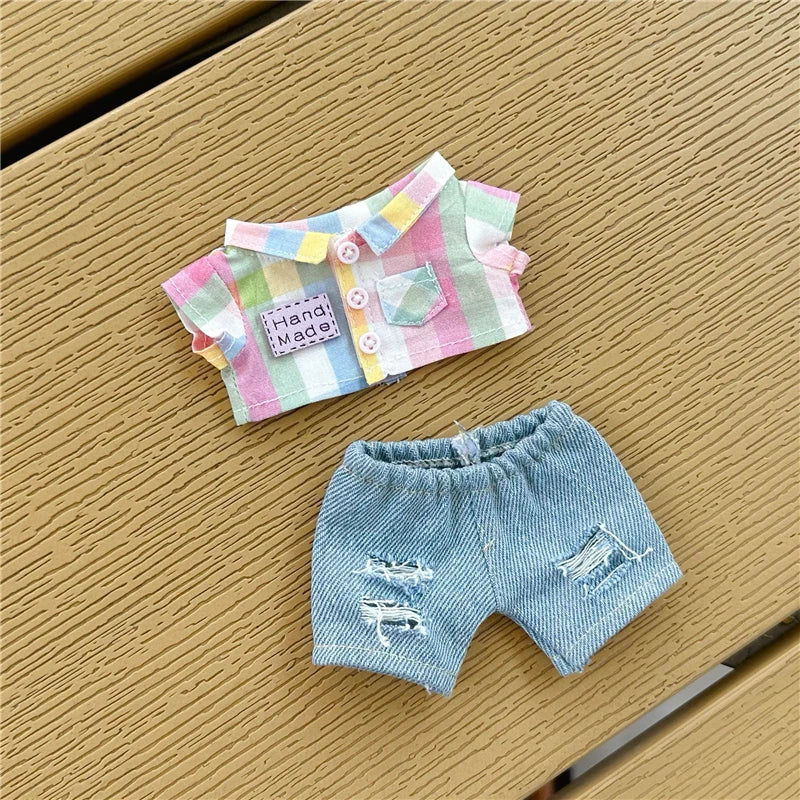 Ropa Labubu 3.0 Baby Doll Outfit - Rainbow Plaid Shirt and Macaron Clothes