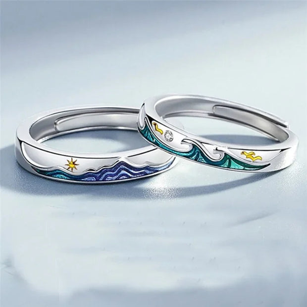 Sterling Silver Mountain Water Adjustable Couple Rings Luxury Jewellry