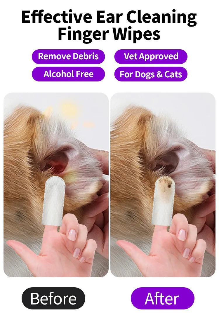 Ear Cleaning Wipes - Ear Care Fingertips for Ear Mite Removal in Cats and Dogs