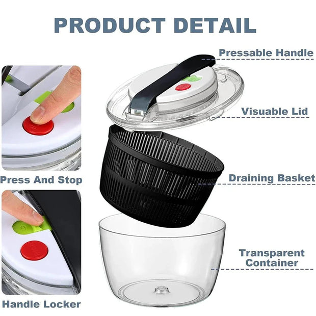 LMETJMA 3L Large Salad Spinner Eco - Friendly Plastic One - Handed Press Kitchen Tool for Salad Washer Dryer Drainer Mixer JT249 - Tropical Treasures LTD