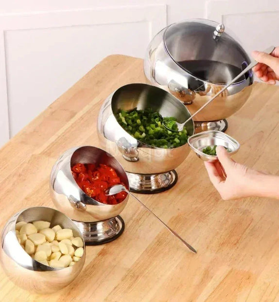 Stainless steel oblique sauce bowl with lid spherical bowl hot pot buffet seasoning basket bowl jar plate container salad - Tropical Treasures LTD