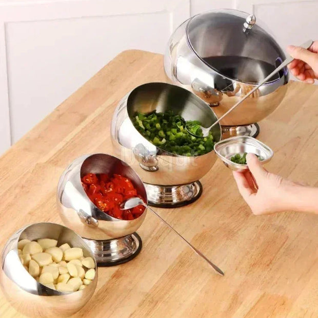 Stainless steel oblique sauce bowl with lid spherical bowl hot pot buffet seasoning basket bowl jar plate container salad - Tropical Treasures LTD